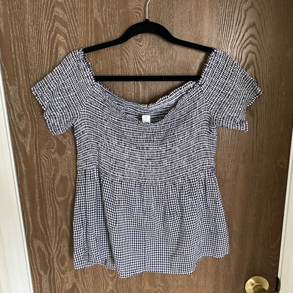 NWOT Old Navy Blue and White Gingham Off the Shoulder Top